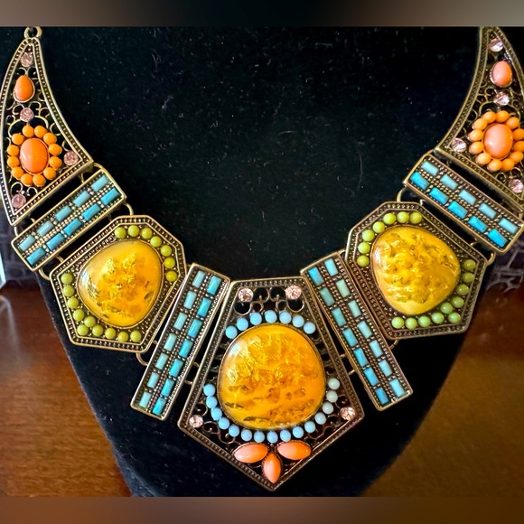 Beaded, Jeweled Vintage Inspired, Bohemian Geometric Statement Necklace - Picture 6 of 7
